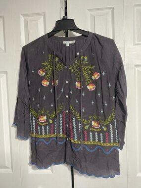 BEAUTIFUL Kyla Seo lightweight Gray Embroidered Tunic top shirt blouse SMALL